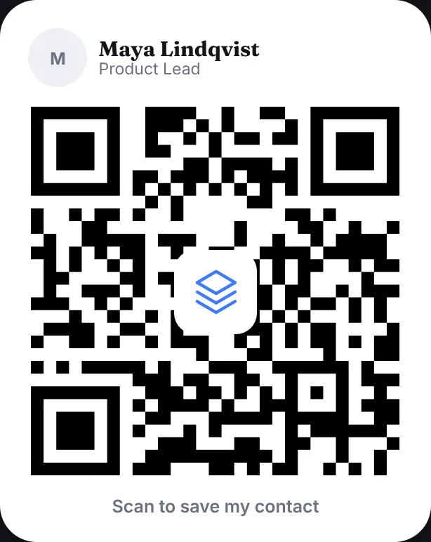 The Share screen: Maya's card with a large QR code and the words Scan to save my contact.